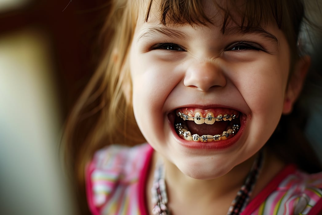 Photograph of child pulling face in braces