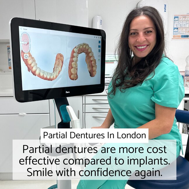 Partial dentures London - Dr Edina showing partial acrylic, flexible and metal dentures